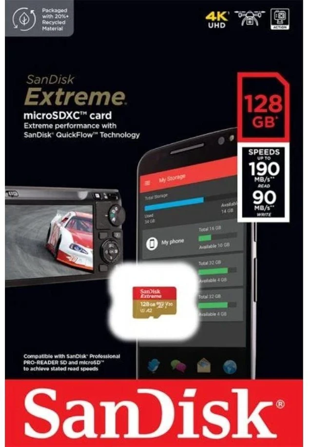 Alt view image 3 of 3 - SanDisk 128GB Extreme microSD UHS I Card for 4K Video on Smartphones, Action Cams & Drones 190MB/s Read, 90MB/s Write SDSQXAA 128G GN6MN, Red/Gold