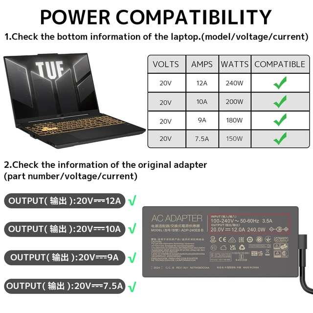 Alt view image 4 of 5 - 240W 20V 12A AC Adapter Power Supply Fit for Asus Rog Zephyrus Duo 15 TUF