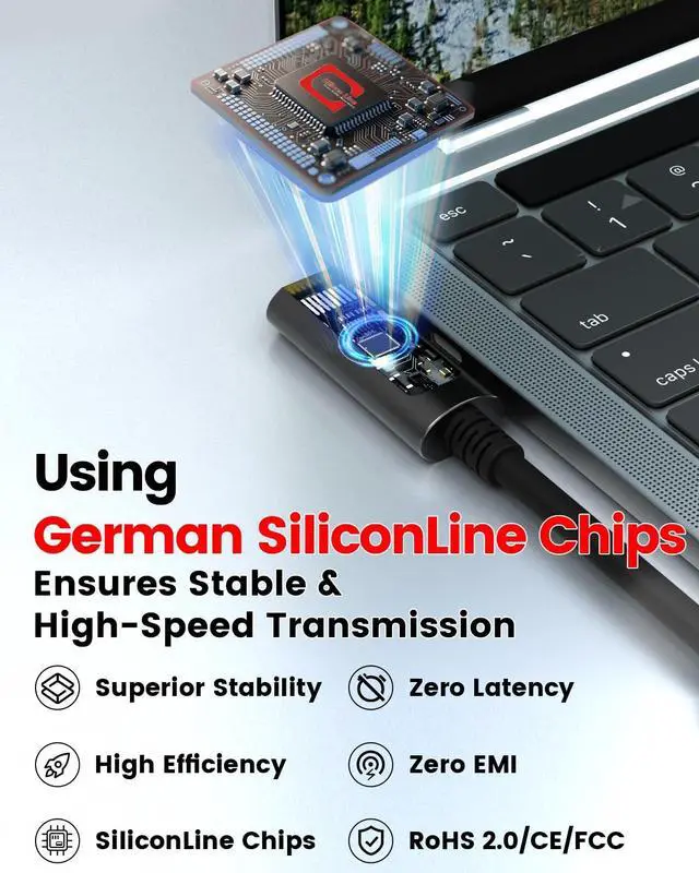 Alt view image 3 of 5 - GeoHN.G USB C Fiber Optic Cable Right Angle 33FT, 10Gbps Active Optical USB 3.2 Gen2 Cable with German SiliconLine Chip, Long Distance for Machine Vision, Logitech 4K Camera, VR/AR, Video Confe