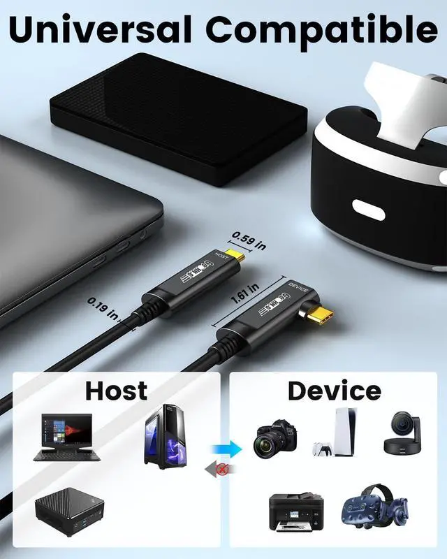 Alt view image 5 of 5 - GeoHN.G USB C Fiber Optic Cable Right Angle 33FT, 10Gbps Active Optical USB 3.2 Gen2 Cable with German SiliconLine Chip, Long Distance for Machine Vision, Logitech 4K Camera, VR/AR, Video Confe