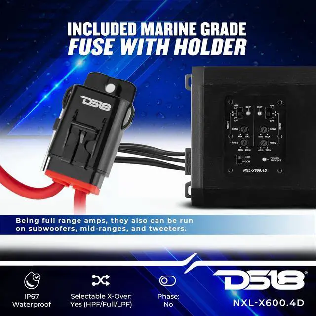 Alt view image 3 of 5 - DS18 NXL-X600.4D 4-Channel Marine Amplifier - Compact Class D Full-Range IP67 Waterproof Amp 4 Ohms 150x4 RMS 1600W Great for Boats, Motorsports, Motorcycles, and All Elements Applications