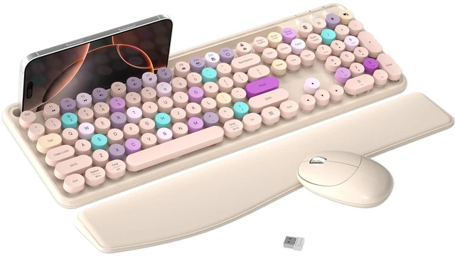 Main image of Wireless Keyboard and Mouse Combo with Phone Holder (Khaki)