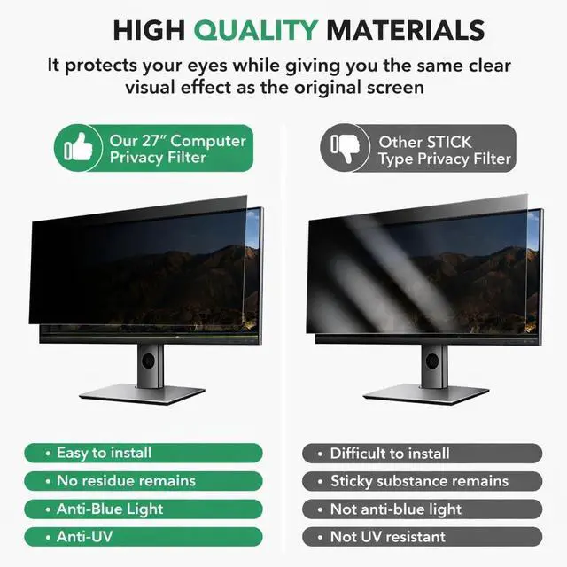 Alt view image 4 of 5 - QOYZINE 2 Pack 27 inch Computer Privacy Screen Filter for 16:9 Aspect Ratio Widescreen Monitor,27in Curved Computer Monitor Privacy Shield Anti Glare Eye Protection, Anti-Scratch Removable Protector F