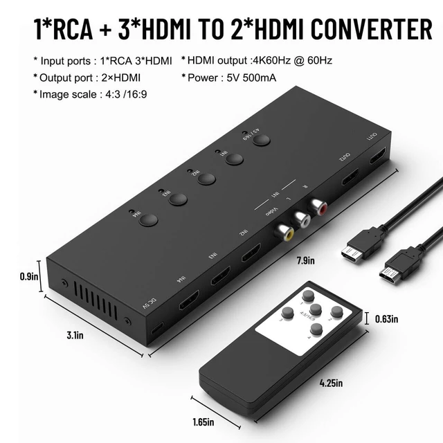 Alt view image 3 of 4 - Dingsun 4In-4Out Converter, 3 Way HDMI 2.0+ RCA to 2 Way HDMI Converter for Fire StickROKU, N64, NGC, Wii, PS2/3/4/5, Xbox Series, Xbox ONE, Switch ect.