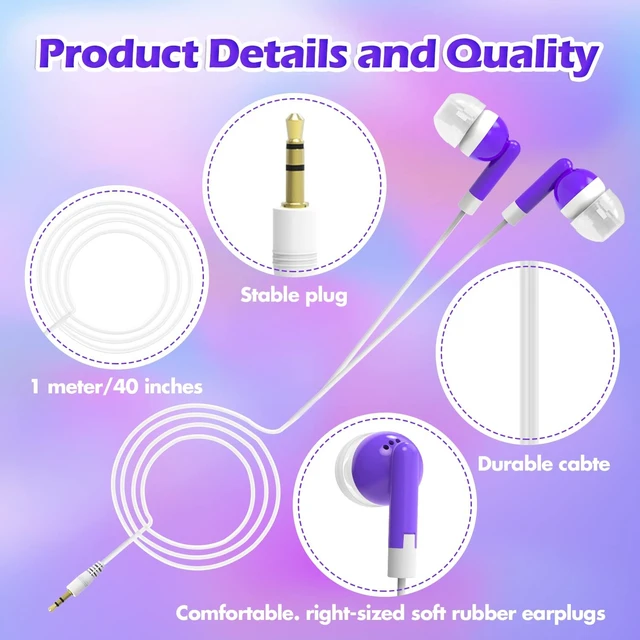 Alt view image 2 of 5 - CN-Outlet Wholesale Bulk Eearbuds Headphones 100 Pack for Kids,Classroom,Labs,Students and Adults(Purple)