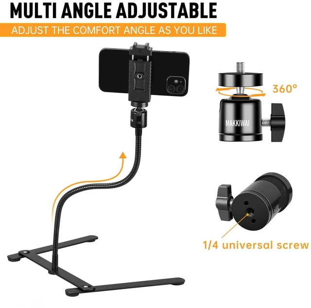 Alt view image 3 of 5 - MAKKIWAI Phone Stand for Recording, Phone Tripod Adjustable and Solid, Overhead Phone Mount, Fixable Gooseneck Phone Holder for Video Recording, Online Teaching, Cookie Decorating, Live Streaming