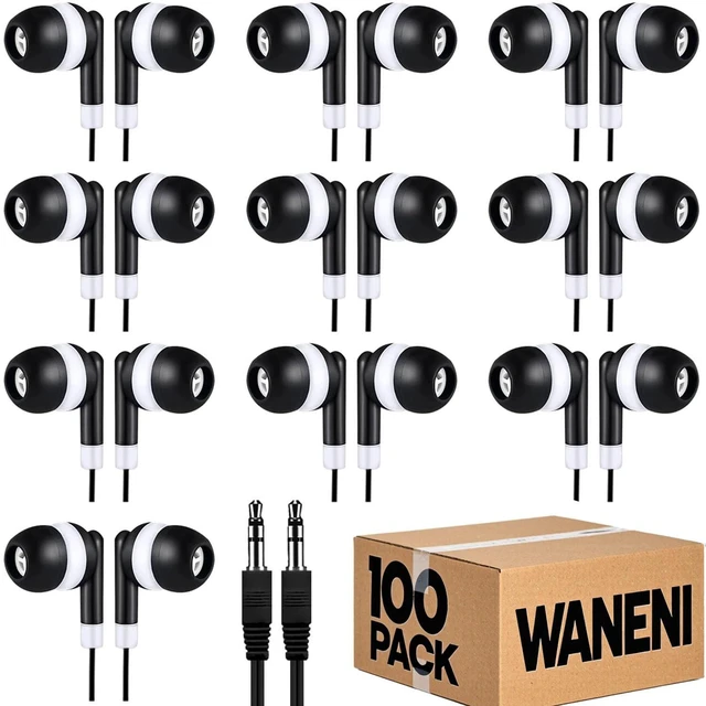 Main image of Waneni Wholesale Bulk Earbuds Headphones 100 Pack Class Set for School Classroom Students Kids Children Toddler Boys Girls Teen Adults(Black,100 Pack)
