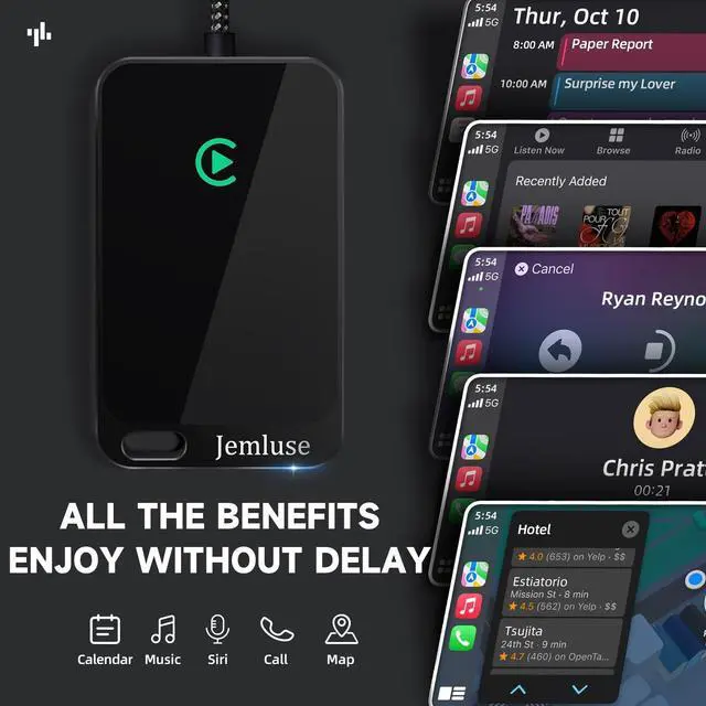 Alt view image 2 of 5 - Jemluse Wireless CarPlay Adapter for Apple iPhone - Multi-User Seamless Connection for Convert Wired to Wireless Car Play Adapter - No Latency from iOS 10+ to Screen w/USB C (All Black)