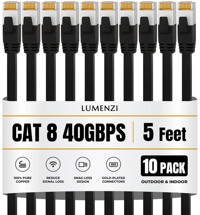 Main image of Lumenzi Cat8 Flat Ethernet Cable 5ft, 10 Pc Pack, 40Gbps 2000MHz Network Patch Cord, S/FTP Shielded LAN Cable, ETL Listed, RoHS Compliant, with RJ45 Connectors for Gaming, Router, Modem & Laptop