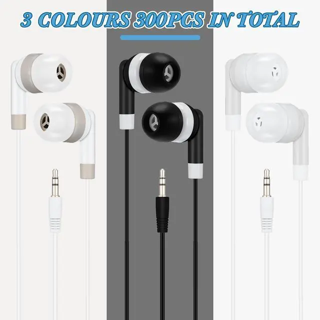 Alt view image 2 of 5 - Kigeli 300 Packs Bulk Earbuds Headphones Wired Earphones for Classroom Kids Colorful in Ear Students Ear Buds with 3.5mm Jack for Laptop School Library Supplies, No Microphone (Black,White,Grey)