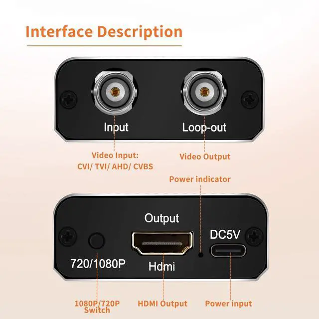 Alt view image 2 of 5 - ACHAVE AHD/TVI/CVI/CVBS to HDMI Converter, AV BNC to HDMI Adaptor,Black Metal, 720P/1080P Resolution, Multi-Format Video Support for 3MP/4MP/5MP/8MP, Loop Output, Security Monitoring System