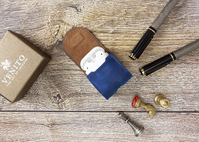 Alt view image 2 of 5 - Bari Leather Cover Compatible with Apple AirPods 1 and Airpods 2 Charging Case - Antique Dark Blue