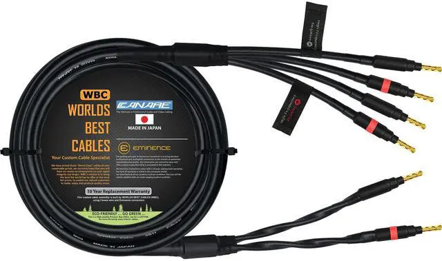 Main image of WORLDS BEST CABLES 15 Foot - Canare 4S11 Audiophile Grade - HiFi Star-Quad Bi-Wire Single Speaker Cable for Center Channel with Eminence Gold Banana Connectors