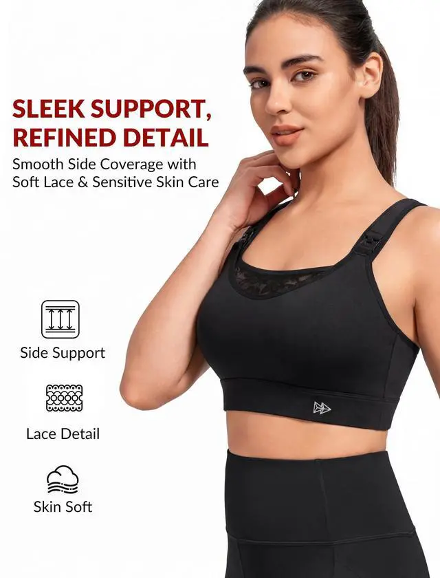Alt view image 5 of 5 - Yvette Nursing Sports Bra for Women High Impact Support, Breastfeeding Running Bra for Workout Gym Yoga, One-Handed Nursing Clips & Adjustable Criss Cross Back, Padded Plus Size,Black,42A 42B 42C