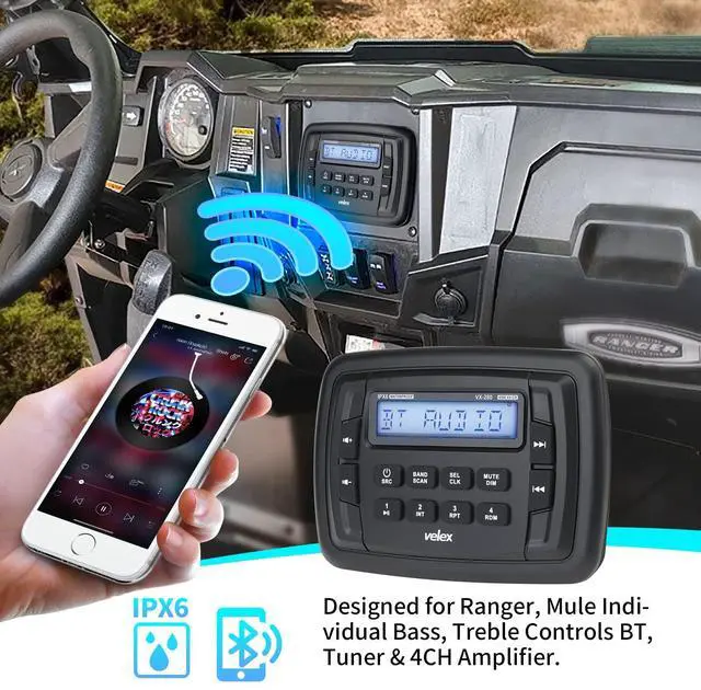 Alt view image 2 of 5 - Velex Powersport Marine Stereo Radio AM FM Tuner Stereo 4 x 45W Bluetooth Streaming UTV ATV