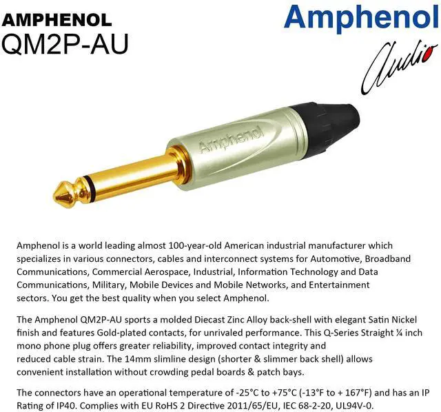 Alt view image 5 of 5 - 100 Foot - WBC-PRO-Guitar 20 AWG - Low-Cap (18pF/ft) Pro-Grade Graphite-Based - Dual-Shielded Guitar, Bass, Instrument Cable with Amphenol QM2R-AU & QM2P-AU Inch (6.35mm) Gold TS Connectors