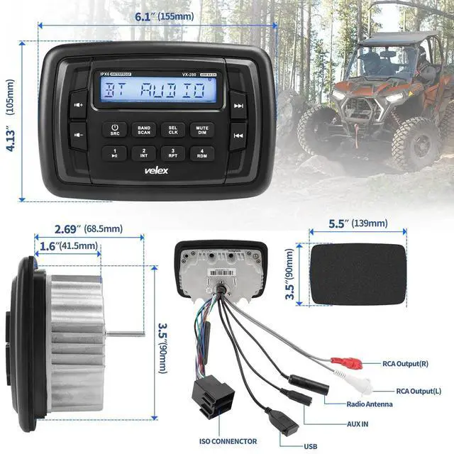 Alt view image 4 of 5 - Velex Powersport Marine Stereo Radio AM FM Tuner Stereo 4 x 45W Bluetooth Streaming UTV ATV