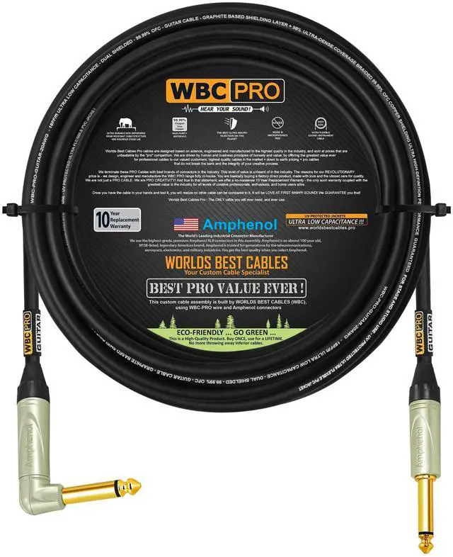 Main image of 100 Foot - WBC-PRO-Guitar 20 AWG - Low-Cap (18pF/ft) Pro-Grade Graphite-Based - Dual-Shielded Guitar, Bass, Instrument Cable with Amphenol QM2R-AU & QM2P-AU Inch (6.35mm) Gold TS Connectors