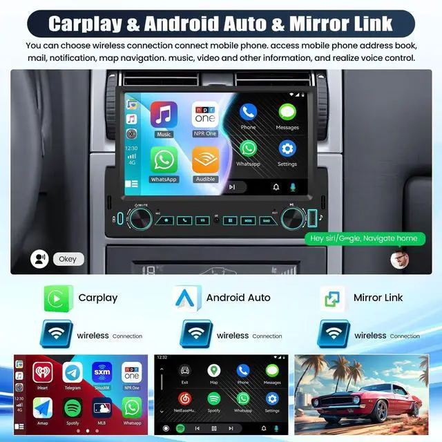 Alt view image 2 of 5 - Single Din Car Stereo with Wireless Carplay&Android Auto,7" 1 Din Touchscreen Car Radio with Bluetooth FM Radio Mirror Link for iOS/Android USB/Type-C EQ SWC Car Multimedia Player+Backup Camera