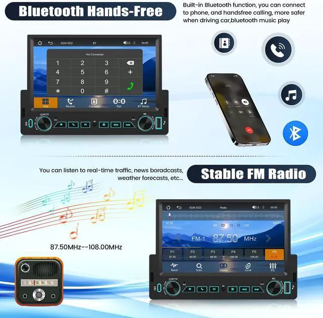 Alt view image 3 of 5 - Single Din Car Stereo with Wireless Carplay&Android Auto,7" 1 Din Touchscreen Car Radio with Bluetooth FM Radio Mirror Link for iOS/Android USB/Type-C EQ SWC Car Multimedia Player+Backup Camera