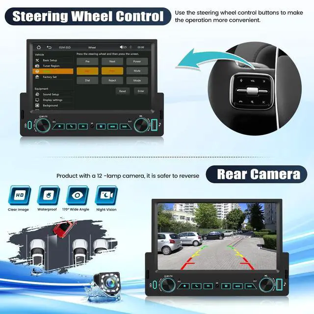Alt view image 5 of 5 - Single Din Car Stereo with Wireless Carplay&Android Auto,7" 1 Din Touchscreen Car Radio with Bluetooth FM Radio Mirror Link for iOS/Android USB/Type-C EQ SWC Car Multimedia Player+Backup Camera
