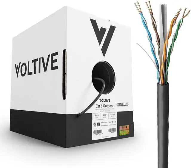 Main image of Voltive Cat6 Ethernet Cable, Outdoor (CMX), UV Resistant, Black, 500ft - 23AWG 4 Pair Solid Bare Copper, UTP, 600MHz, UL Certified & ETL Verified - V-1235-1