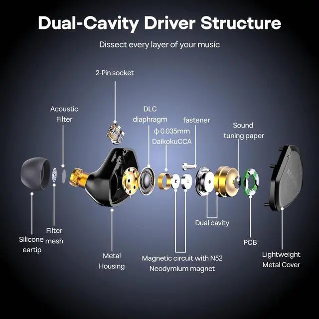 Alt view image 5 of 5 - Linsoul Kefine Klean in Ear Monitor,10mm DLC Diaphragm Dynamic Driver HiFi Earphones,Wired Gaming Earbuds,Replaceable Nozzles,Detachable Silver-Plated Cable for Audiophile (with Mic Type-C, Black)