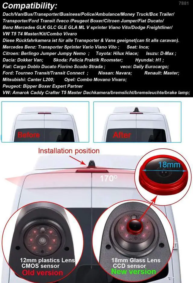 Alt view image 4 of 5 - 1280x720 Pixels 3rd Brake Light Reverse Camera Parking for sprinter vito viano Citroen Dacia Fiat Ford Hyundai Isuzu Iveco Mitsubishi Nissan Peugeot Seat skoda Toyota VW crafter T5+4.3"Reverse Screen