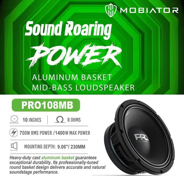 Alt view image 2 of 5 - mobiator PRO108MB Loudspeaker - 10" Midbass Aluminum Basket, 1400W Max, 700W RMS, 8 Ohms - Premium Quality Audio Door Speakers for Car or Truck Stereo Sound System (MB-PRO108MB)