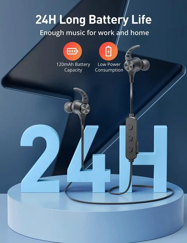 Alt view image 2 of 5 - Hsoipn Wireless Headphones, Bluetooth 5.2 Stereo aptX Wireless Earbuds Bass Bluetooth Earbuds Bulit-in Mic with 16H Playtime, Magnetic, IPX7 Waterproof Perfect for Sport, Gym, Normal, Da