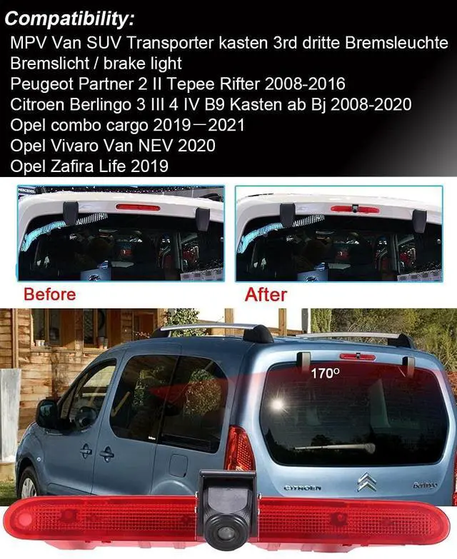 Alt view image 2 of 5 - HD Brake Light Rear View Reversing Camera with Angle Adjustable Compatible with Toyota Proace/Citroen Berlingo B9/Opel Combo/Limousine/Peugeot Partner Tepee/Rifter (Reversing Camera)