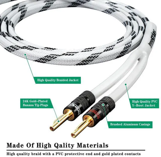 Alt view image 2 of 5 - InnoStars 14 AWG Speaker Cable Wire with Banana Plugs (35 Feet - 10.7 Meter) - 99.99% OFC Copper, Gold Plated Tips, in-Wall CL2 Rated - White, 35 Ft