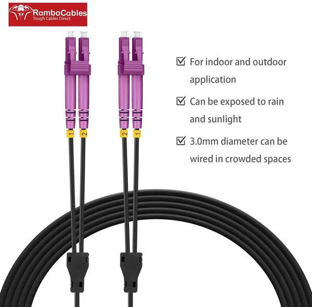 Alt view image 2 of 5 - RamboCables 30ft/10m OM4 LC to LC Fiber Patch Cable Outdoor Armored, Fiber Optic Cable Multimode, 10/40GB Fiber Optic Cable, Duplex 50/125um LSZH Black