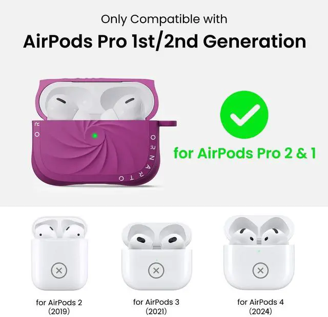 Alt view image 2 of 5 - ORNARTO Vortuxe for AirPods Pro 2 Case - 2X MIL-STD Drop Protection, Liquid Silicone Shockproof Cover with Carabiner, Sleek Aesthetic Case for AirPods Pro 2nd / 1st Generation-Fuch