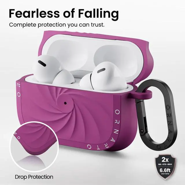 Alt view image 3 of 5 - ORNARTO Vortuxe for AirPods Pro 2 Case - 2X MIL-STD Drop Protection, Liquid Silicone Shockproof Cover with Carabiner, Sleek Aesthetic Case for AirPods Pro 2nd / 1st Generation-Fuch
