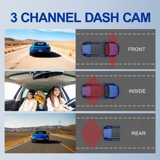 Alt view image 3 of 5 - CTRYUN 1080P 3 Channel Dash Cam Front and Rear Cabin Recording, 2.0" IPS Screen Camara para Carro, G-Sensor, Night Vision Loop Recording, Motion Detection, Heatproof (C309)