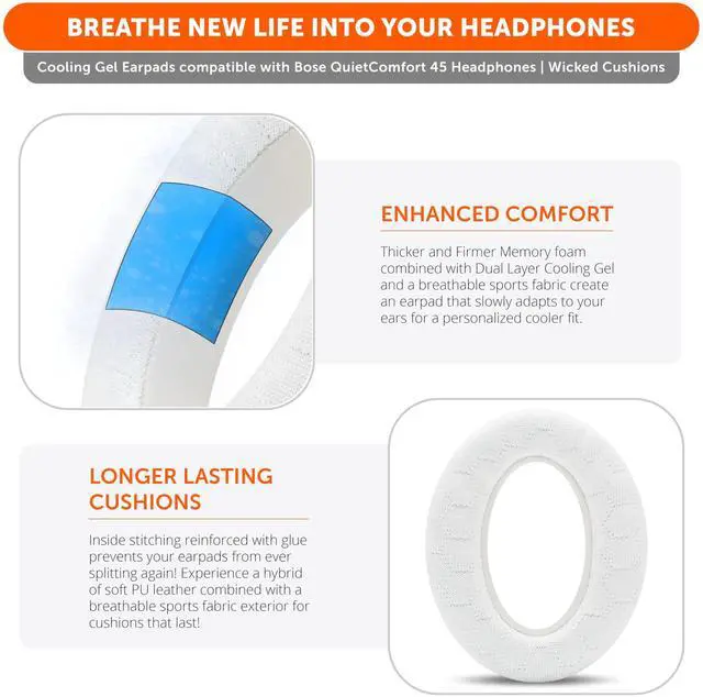 Alt view image 4 of 5 - WC Freeze V2 QC45 Cooling Gel Earpads Compatible with Bose QuietComfort 45, QuietComfort SE & QC Wireless (2023) by Wicked Cushions ^^ Freeze V2 Cooling Fabric, Extreme Comfort ^^ White