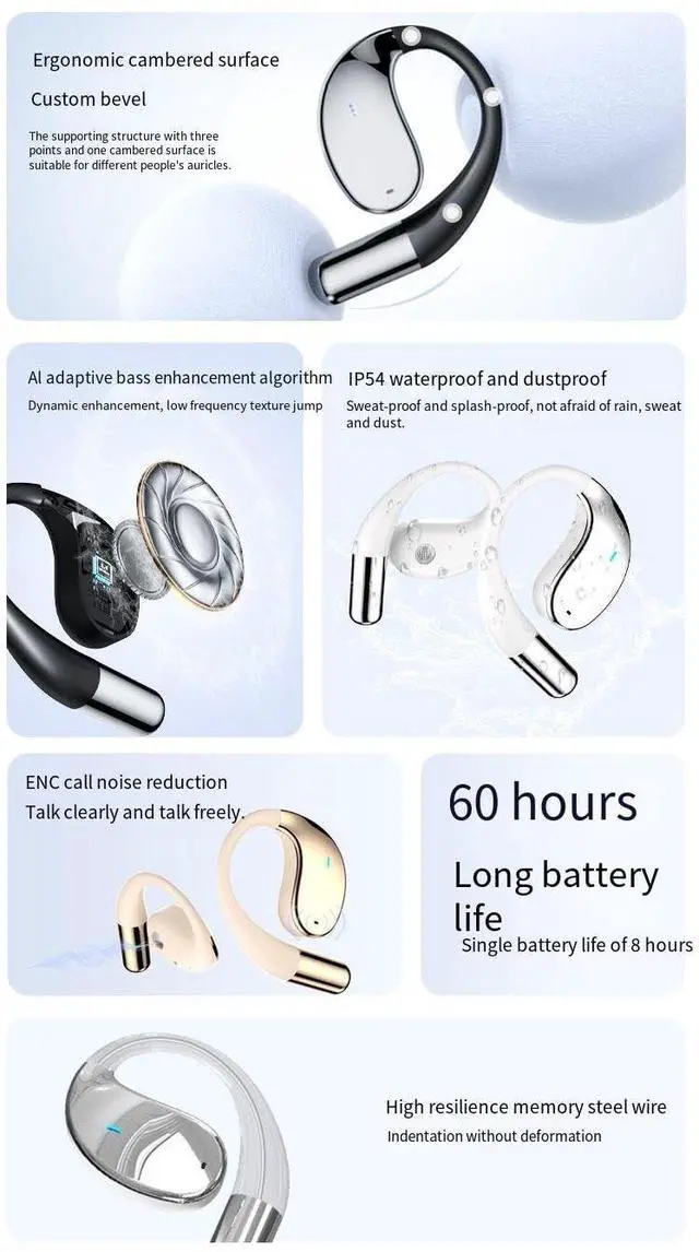 Alt view image 4 of 5 - Open Ear Headphones with AI Smart Translation Bluetooth 5.4 Headset Wireless Sports Earbuds,ENC Call Noise Cancellation,HIFI Stereo,8H Playtime IPX5 Waterproof Earphone for Sports,Driving,Black