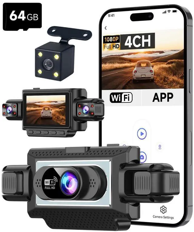 Main image of XGU 4 Channel Dash Cam Front and Rear Inside, 4-Way Car Camera with 8 IR Night Vision, 360 View Full Protection, App Control, Parking Monitor, G-Sensor, Loop Recording, Free 64GB TF Card