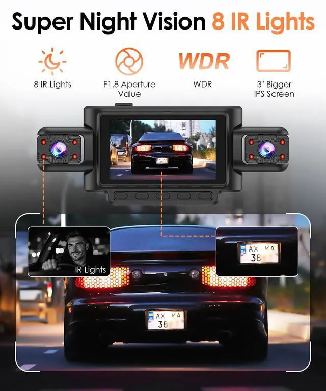 Alt view image 3 of 5 - XGU 4 Channel Dash Cam Front and Rear Inside, 4-Way Car Camera with 8 IR Night Vision, 360 View Full Protection, App Control, Parking Monitor, G-Sensor, Loop Recording, Free 64GB TF Card