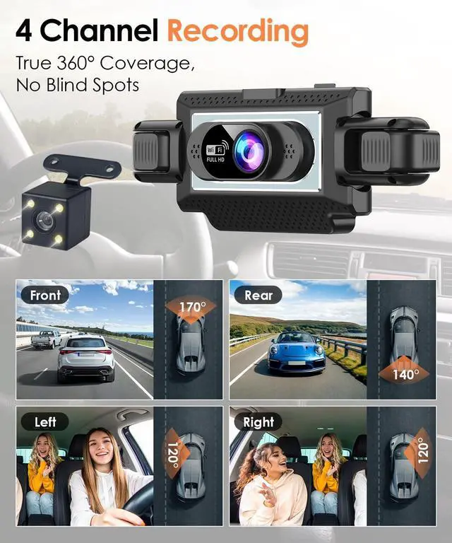 Alt view image 2 of 5 - XGU 4 Channel Dash Cam Front and Rear Inside, 4-Way Car Camera with 8 IR Night Vision, 360 View Full Protection, App Control, Parking Monitor, G-Sensor, Loop Recording, Free 64GB TF Card