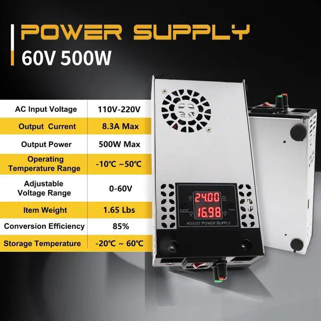 Alt view image 2 of 5 - New Version AC to DC Converter 0-60V 500W Digital Display Power Supply,SMPS 110V/120V to 0-60V 0-8.3A Adjustable Voltage Current Converter Switching DC Transformer Driver Adapter(DC0-60V/0-8.3A/500W)