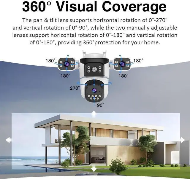 Alt view image 4 of 5 - EVERSECU Triple Lens WiFi PTZ Security Camera, Three Cameras in One, Side Cameras with Adjustable All-Angle Arm, 2K 360 View No Blind Spot, Auto Tracking, Spotlight, 2 Way Audio