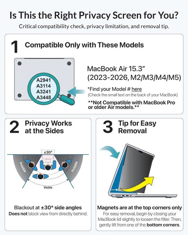 Alt view image 2 of 5 - Afterplug Removable Magnetic Privacy Screen Filter for MacBook Air 15.3 Inch (M2/M3/M4/M5, 2023-2026), L-Shaped Strips for Secure Attachment, Anti-Glare & Blue Light Blocking