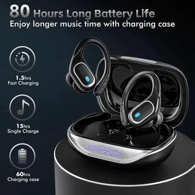 Alt view image 2 of 5 - KESIEME Wireless Earbuds Bluetooth Headphones 80Hrs Playtime Ear Buds IPX7 Waterproof Sports Earphones Wireless Charging Case Over-Ear Earhooks Headest (Black)