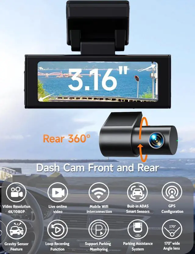 Alt view image 2 of 5 - True 4K Front & 2.5K Rear Dash Cam with WiFi & GPS, Smart App Control Dash Camera for Cars, Dual Dashcam with Night Vision, 170 Wide Angle, Parking Monitor, 64GB Card Included