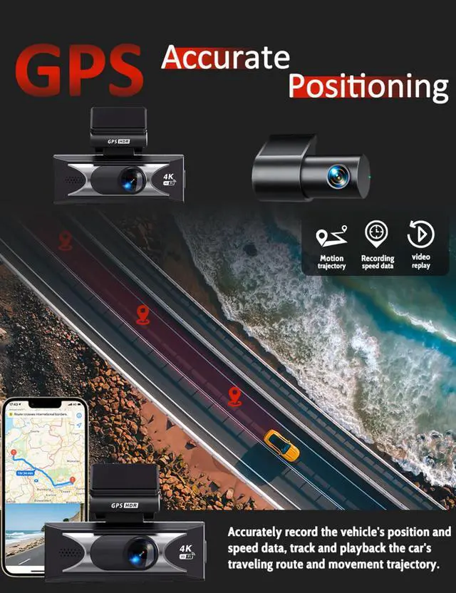 Alt view image 4 of 5 - True 4K Front & 2.5K Rear Dash Cam with WiFi & GPS, Smart App Control Dash Camera for Cars, Dual Dashcam with Night Vision, 170 Wide Angle, Parking Monitor, 64GB Card Included