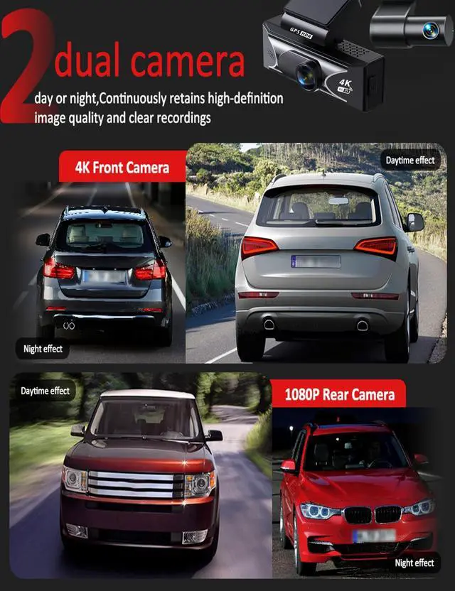 Alt view image 3 of 5 - True 4K Front & 2.5K Rear Dash Cam with WiFi & GPS, Smart App Control Dash Camera for Cars, Dual Dashcam with Night Vision, 170 Wide Angle, Parking Monitor, 64GB Card Included