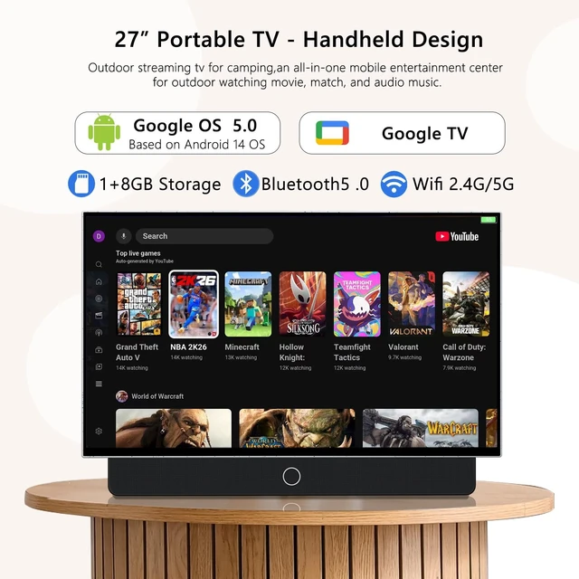 Alt view image 3 of 5 - 27 inch Portable TV FHD 1080P Android14 OS with Google TV,9000mAh Battery,Dolby Audio,100%sRGB,Google Assistant,Leather Handle,Streaming Android TV with Carry Case for Outdoor Travel Camping,White