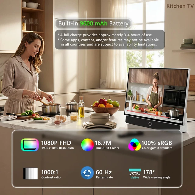 Alt view image 5 of 5 - 27 inch Portable TV FHD 1080P Android14 OS with Google TV,9000mAh Battery,Dolby Audio,100%sRGB,Google Assistant,Leather Handle,Streaming Android TV with Carry Case for Outdoor Travel Camping,White